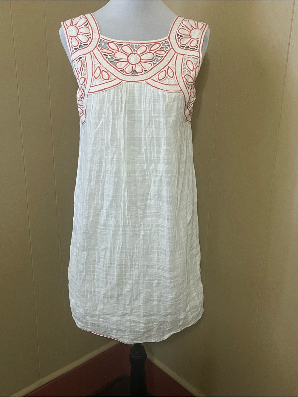 Chelsea & Violet Small White Gauzy Dress Coral Embroidery Boho Resort Cotton